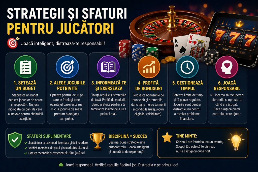 Strategii și sfaturi pentru jucători – alegerea jocurilor, utilizarea bonusurilor și joc responsabil în cazinouri online