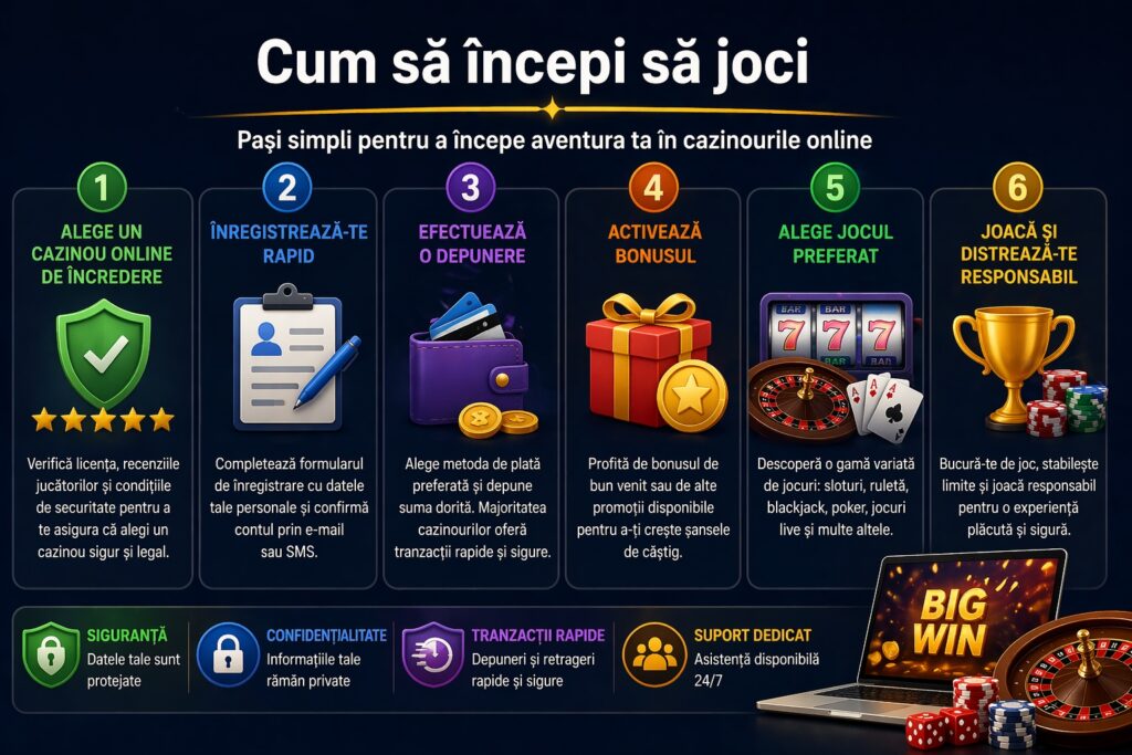 Cum să începi să joci în cazinouri online – pași pentru înregistrare, depunere, alegerea jocurilor și activarea bonusurilor